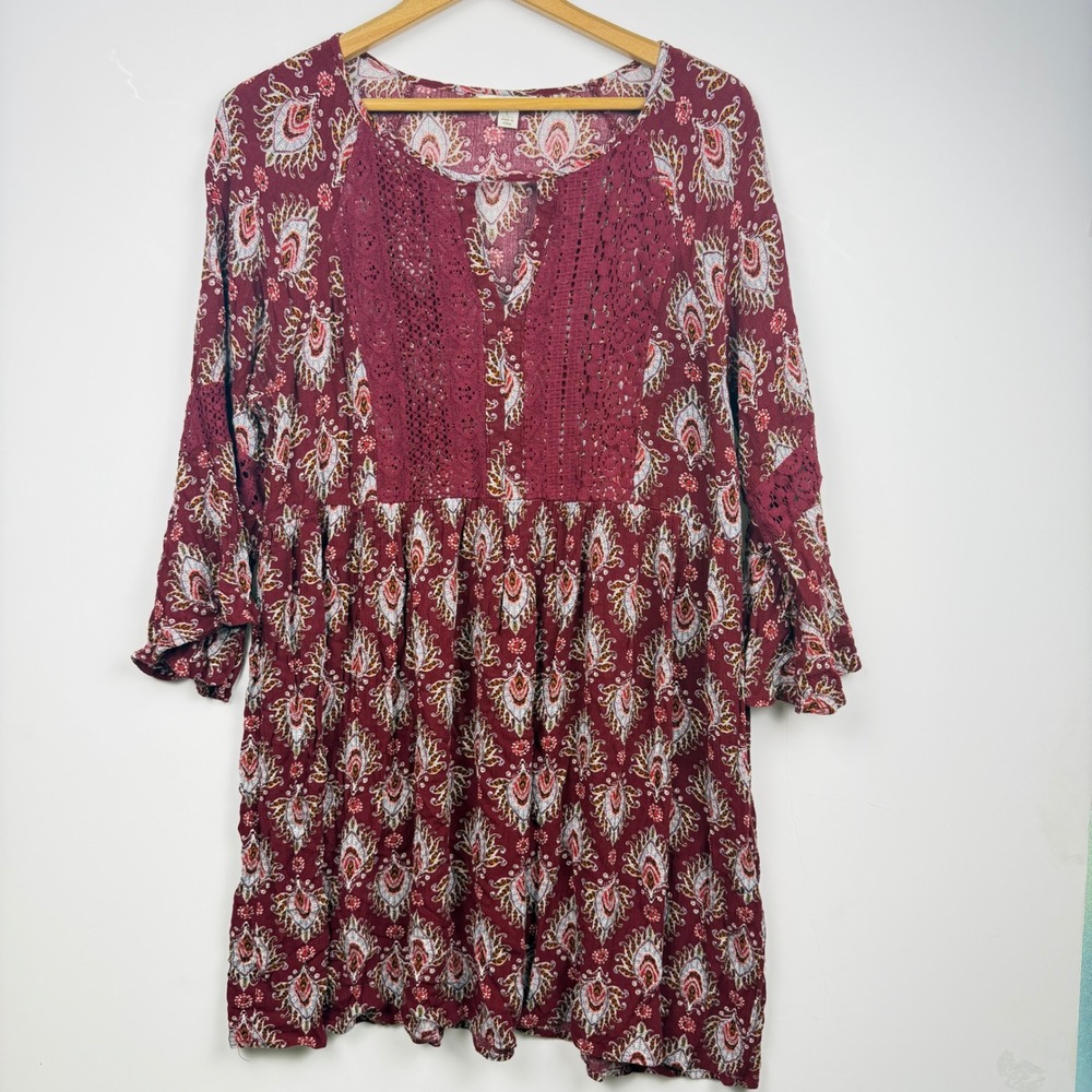 EST. 1946 Womens Burgundy Paisley Crochet Lace Babydoll Mini Dress Flowy Large